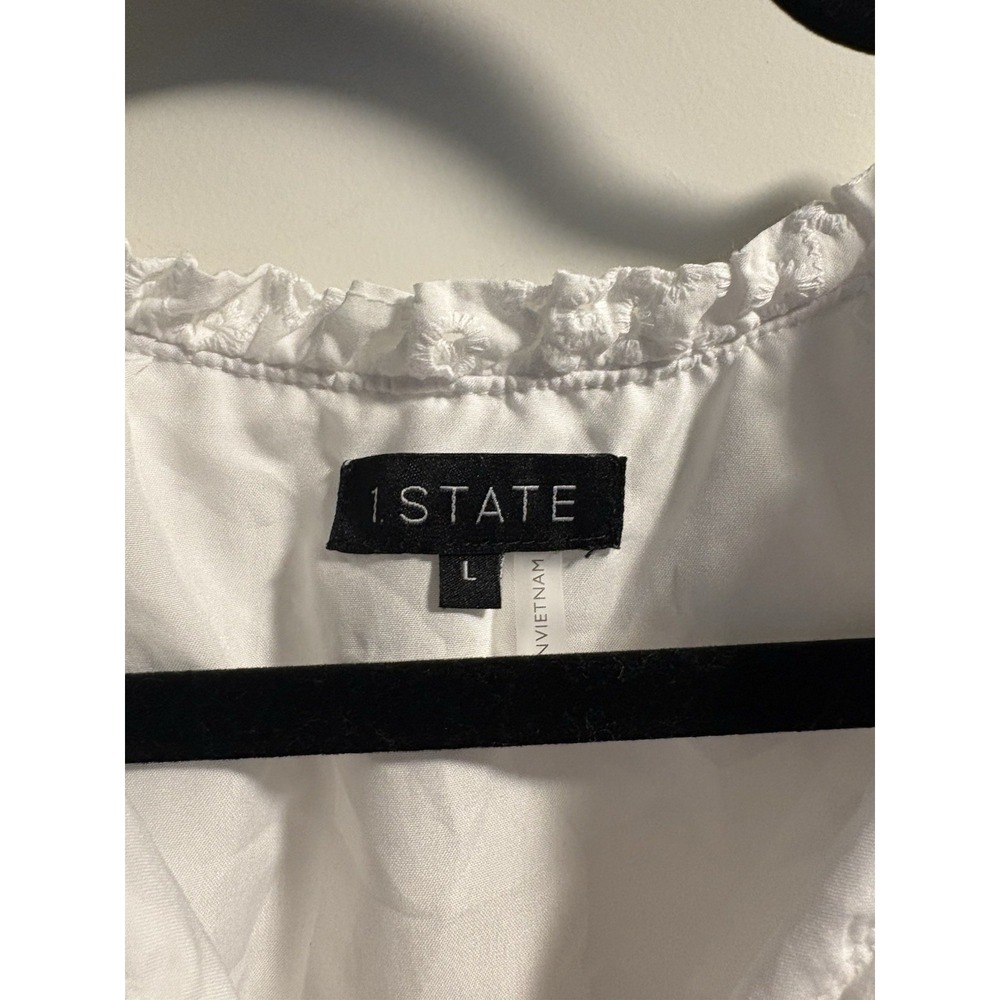 1.STATE Eyelet Blouse Women Large White Flutter Sleeve V-Neck Ruffle Tie Top - Picture 2 of 6